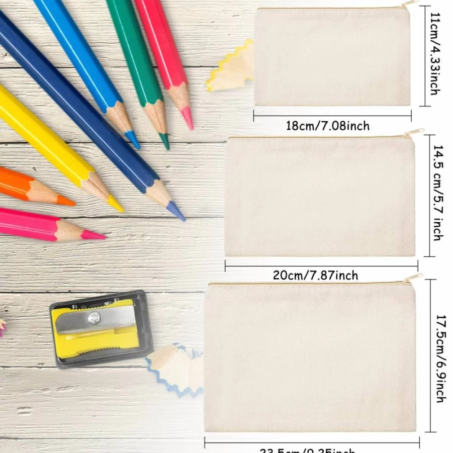 Frienda 12 Pack Blank Canvas Makeup Bags - Multi-Size Cosmetic Pouches with Zipper for Women, Travel Organizer, Storage & Multipurpose Use