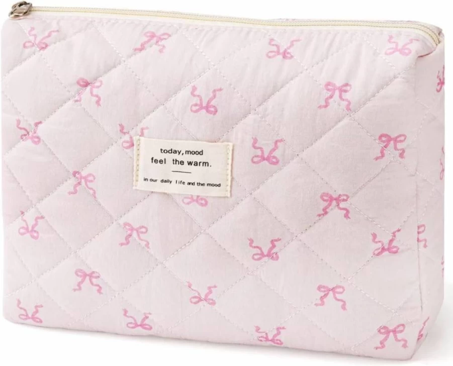 Large Quilted Makeup Bag with Bow - MZLUWM Floral Cosmetic & Toiletry Travel Bag for Women and Girls