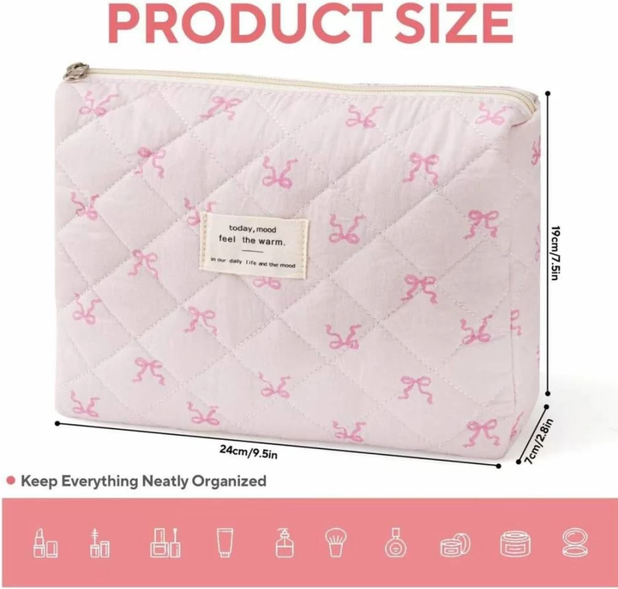 Large Quilted Makeup Bag with Bow - MZLUWM Floral Cosmetic & Toiletry Travel Bag for Women and Girls