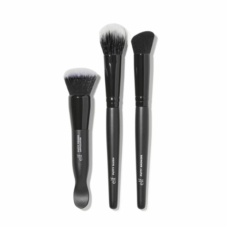 e.l.f. Putty Brush Trio - 3-Piece Vegan Makeup Brush Set for Blending Putty Primer, Blush & Bronzer, Cruelty-Free Face Tools