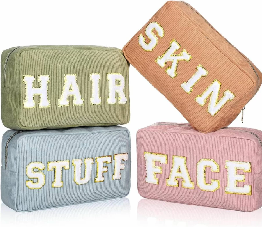 Pinkunn 4 Pack Preppy Makeup Bags - Soft Chenille Letter Cosmetic Pouches with Zipper for Travel, Toiletry & Organizer (Purple, Pink, White, Green) Perfect Gift for Women