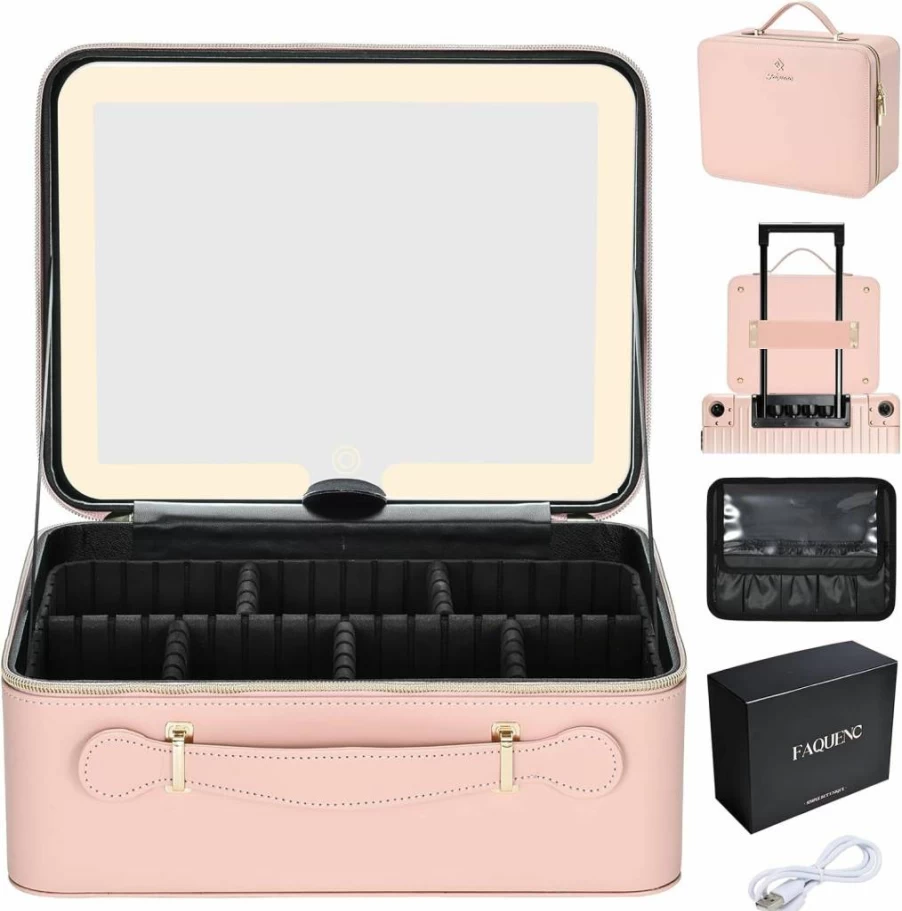 Faquenc 11.4 Inch LED Lighted Makeup Train Case with Mirror, Leather Cosmetic Storage Bag, Portable Makeup Organizer with Dividers & Brush Holder, Black Vanity Bag