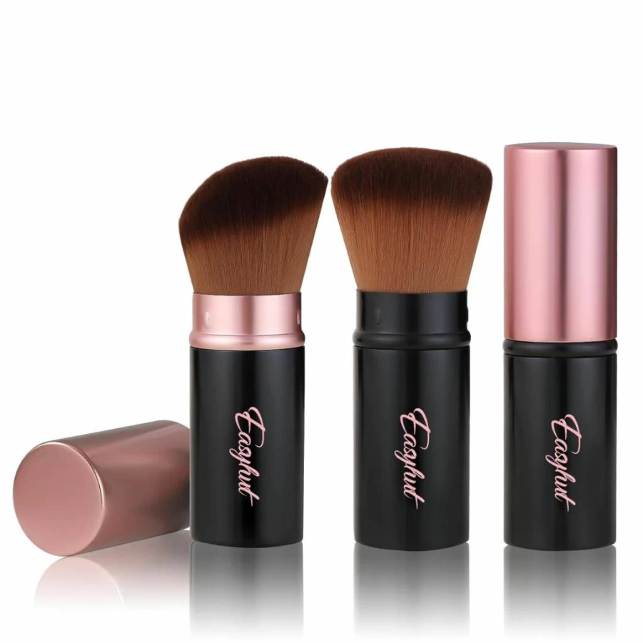 Easyhut Retractable Kabuki Makeup Brushes Set - 2 Pcs Portable Blush & Powder Brushes with Flat & Angled Heads for Liquid, Cream & Cosmetics (Silver Green) Travel Essentials