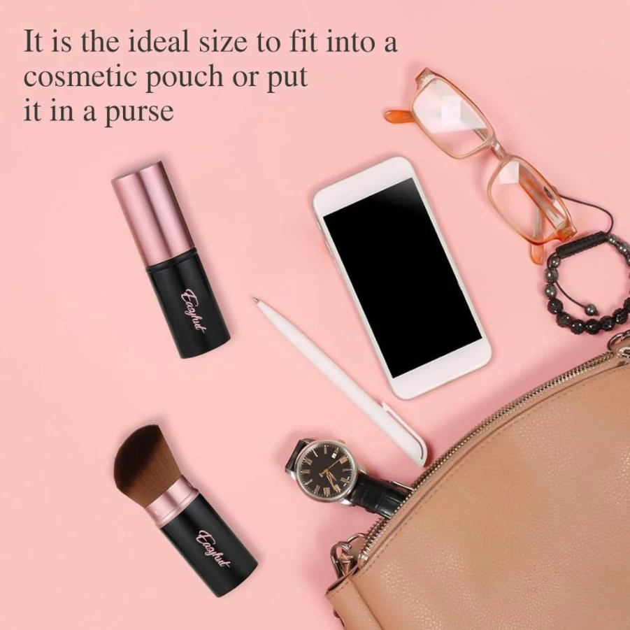 Easyhut Retractable Kabuki Makeup Brushes Set - 2 Pcs Portable Blush & Powder Brushes with Flat & Angled Heads for Liquid, Cream & Cosmetics (Silver Green) Travel Essentials
