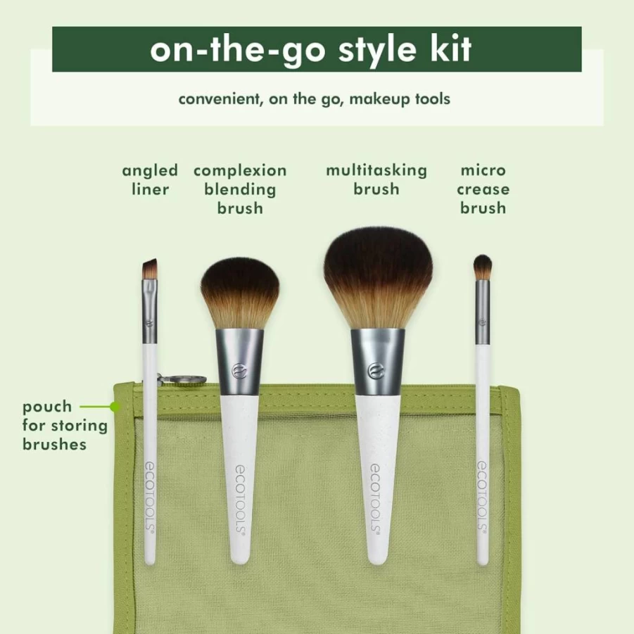 EcoTools Travel-Friendly 5-Piece Mini Makeup Brush Set for Powder, Blush, Bronzer & Eyeshadow - Vegan, Cruelty-Free & Eco-Friendly Synthetic Bristles