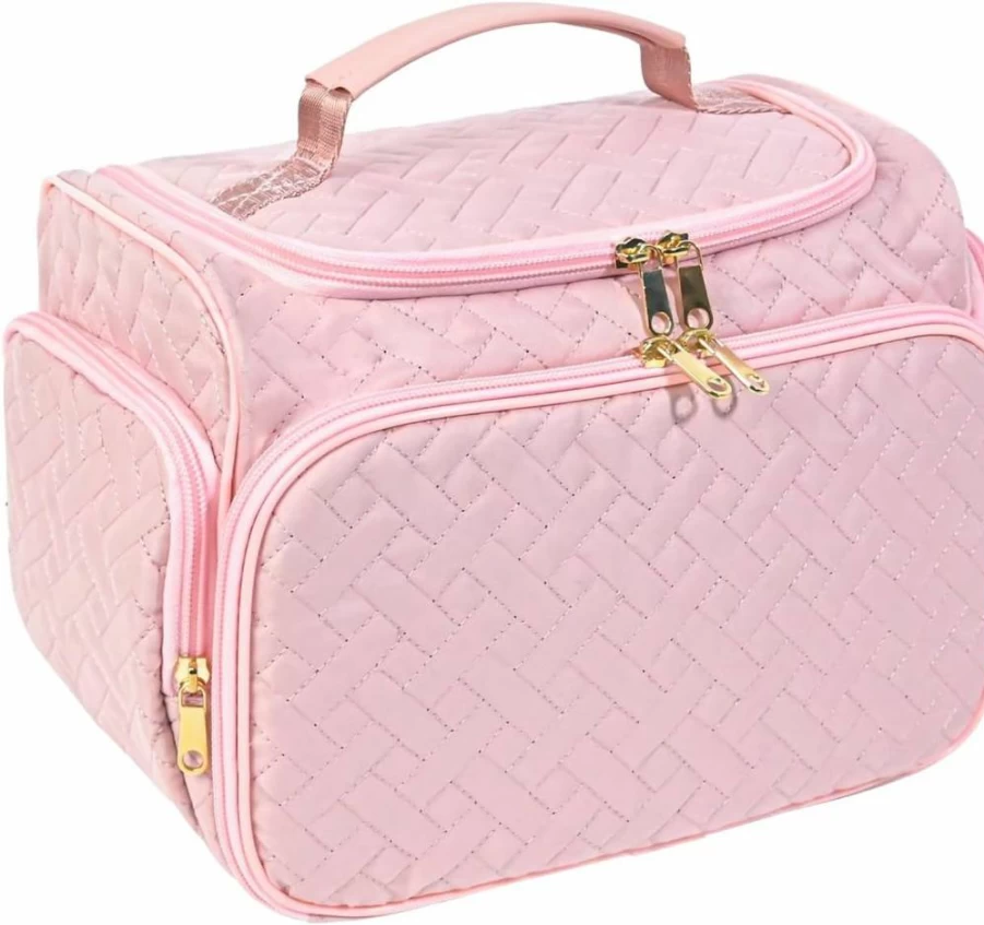 HDKJDPG Large Pink Travel Makeup Bag with Brush Holder & Multiple Compartments - Cosmetic Organizer for Women