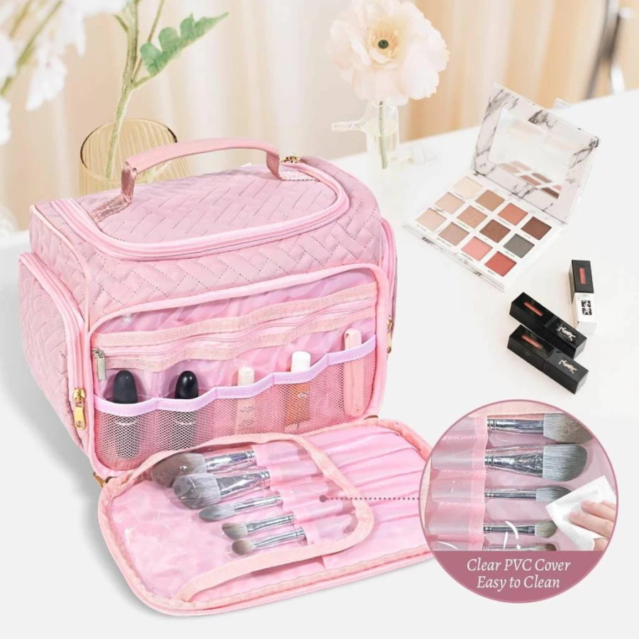 HDKJDPG Large Pink Travel Makeup Bag with Brush Holder & Multiple Compartments - Cosmetic Organizer for Women