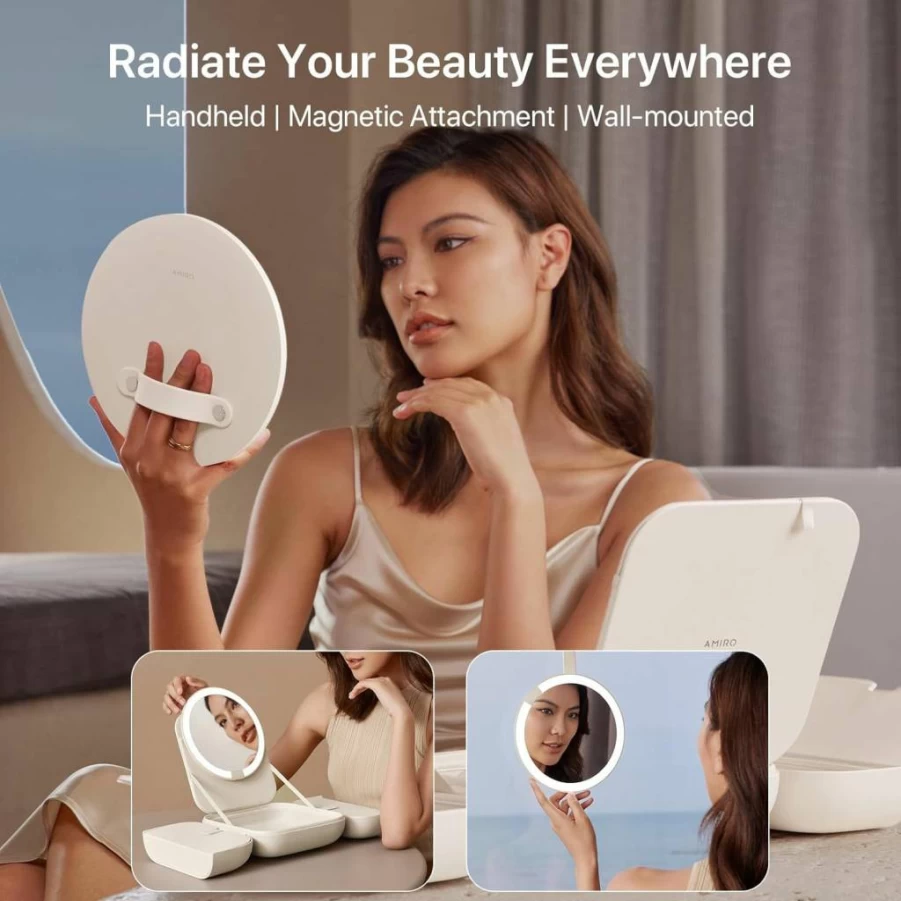 AMIRO M2 Portable LED Makeup Mirror with Lights - 3 Color Modes, 5 Brightness Levels, Travel-Friendly Compact Design with Carrying Case, White