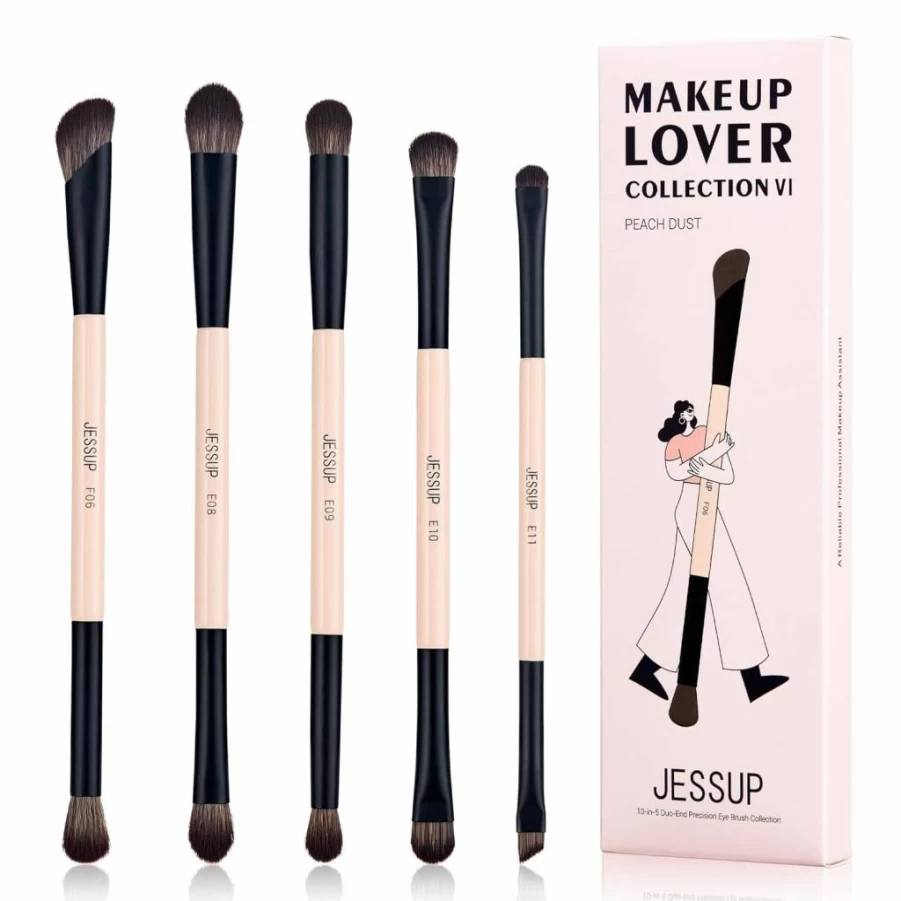 Jessup 7Pcs Double Sided Makeup Brushes Set - Foundation, Concealer, Blush, Eyeshadow, Contour, Bronzer, Powder, Eyebrow & Eyeliner - Cruelty-Free Peach Dust T600 Vegan Beauty Tools