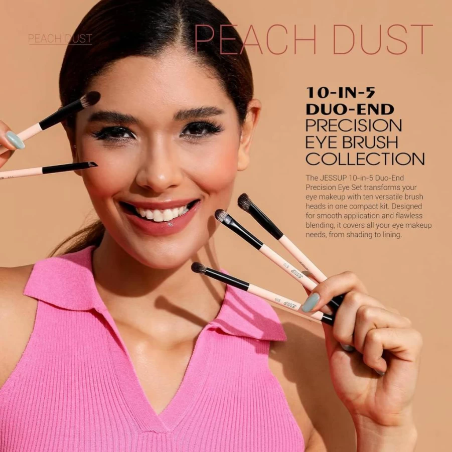 Jessup 7Pcs Double Sided Makeup Brushes Set - Foundation, Concealer, Blush, Eyeshadow, Contour, Bronzer, Powder, Eyebrow & Eyeliner - Cruelty-Free Peach Dust T600 Vegan Beauty Tools