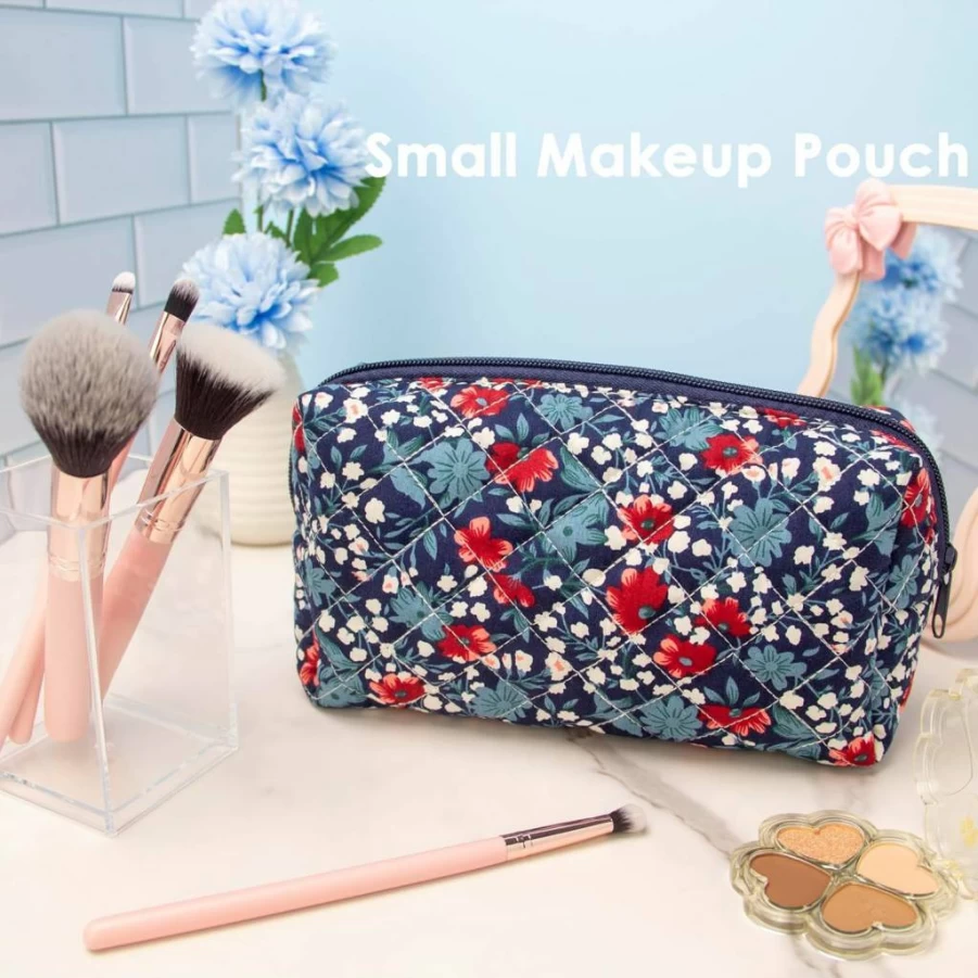 PAZIMIIK Vintage Quilted Makeup Bag for Women - Bear Beige Cosmetic Pouch for Travel, Brushes & Accessories