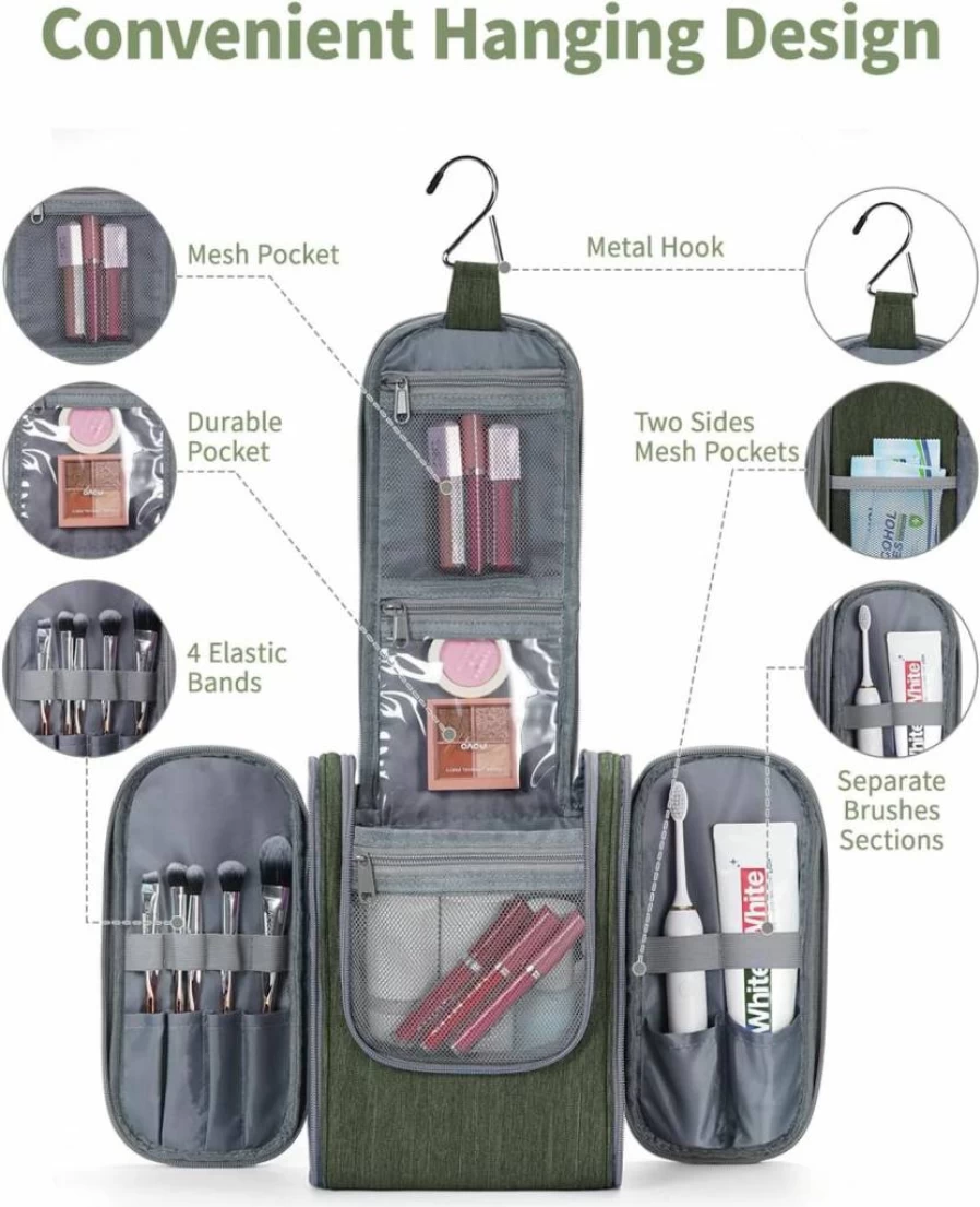 Narwey Medium Blue Leaf Travel Toiletry Bag for Women - Hanging Makeup Organizer with Essential Cosmetics Pockets, Portable Bathroom Accessories Bag