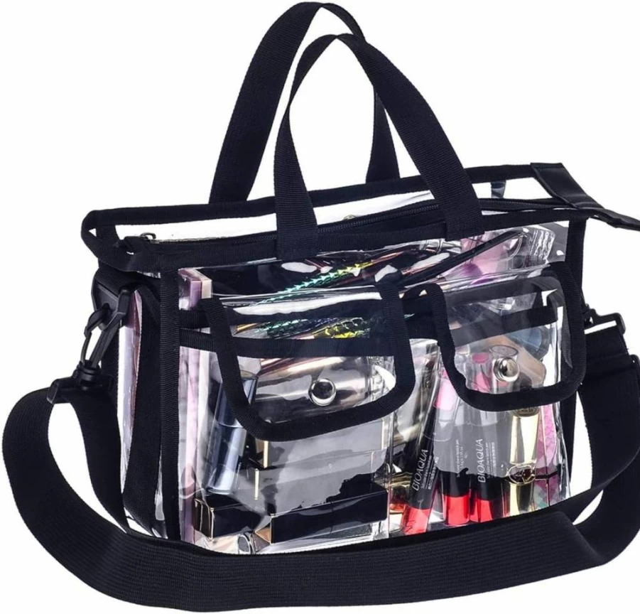 Jula Vance Medium Clear PVC Makeup Bag - Transparent Travel Cosmetic Organizer with Removable Shoulder Strap, MUA Approved Tote for Makeup Artists