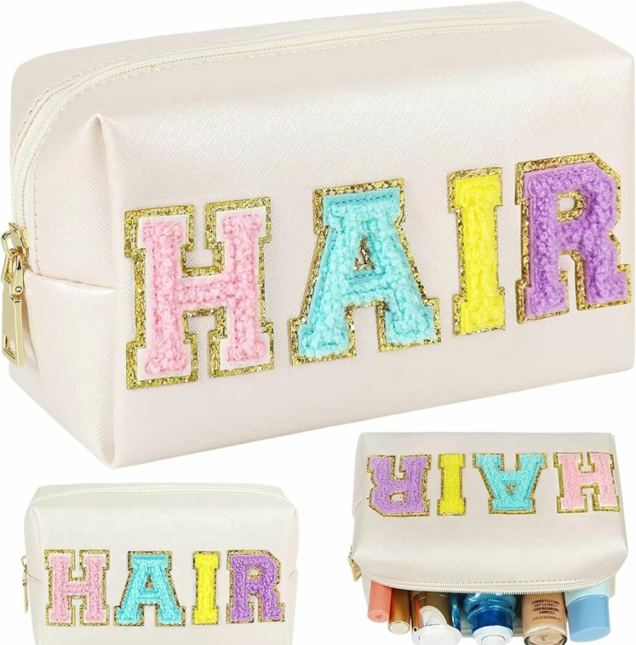 JOINDO Preppy Patch Makeup Bag for Women, Chenille Letter Cosmetic Pouch, PU Leather Travel Toiletry Organizer with Varsity Patches, Portable Skincare Bag for Girls (White)