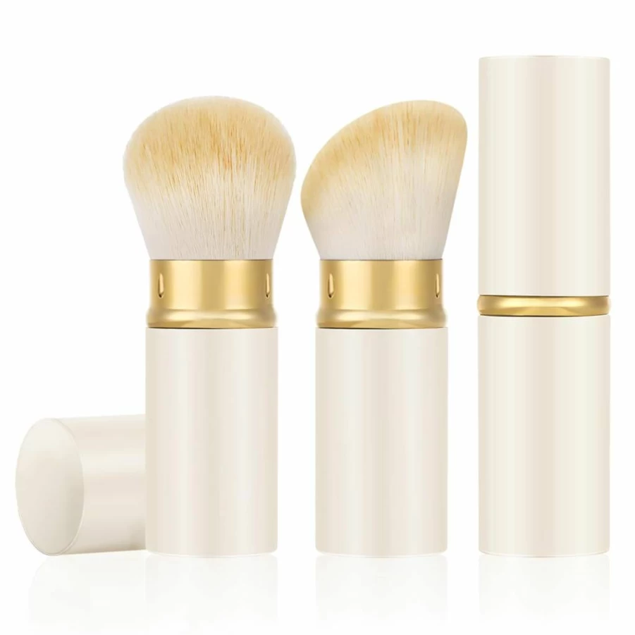 Falliny Retractable Kabuki Brush 2-Pack - Travel Powder, Blush & Foundation Makeup Brush with Cover for Bronzer, Buffing & Flawless Finish