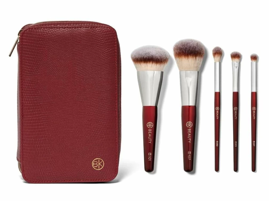 BK BEAUTY Vegan Travel Makeup Brush Set - 5-Piece Cruelty-Free Face & Eye Brushes with Leather Pouch | Lightweight, Durable & Compact for On-The-Go