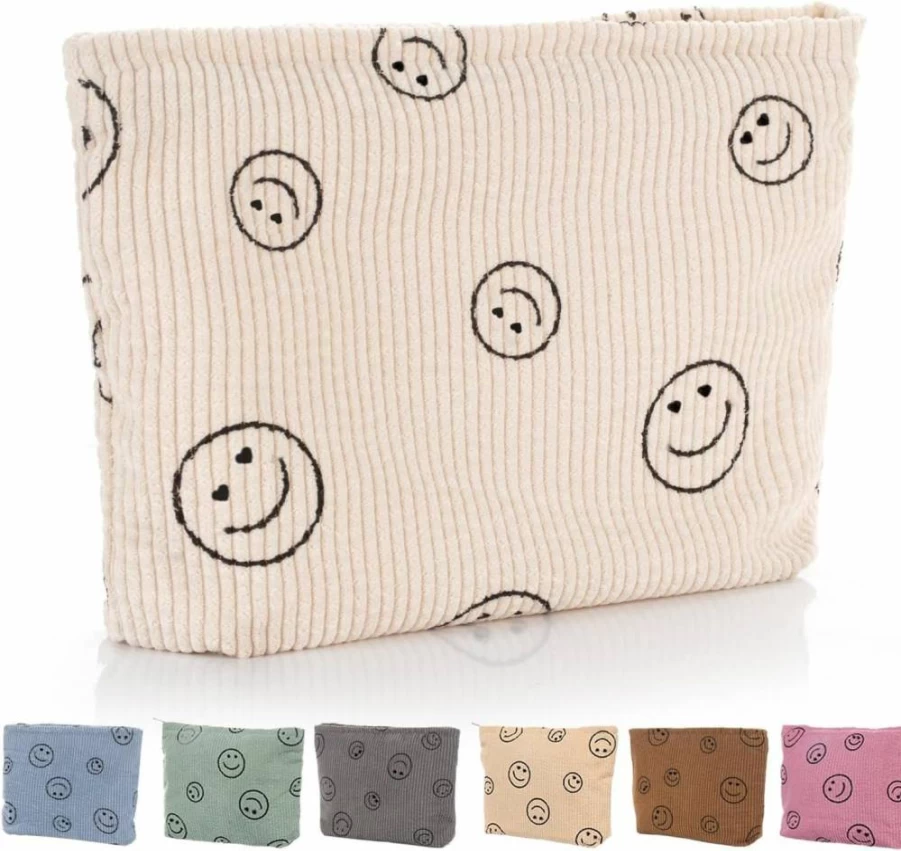 Wudimeitt Preppy Corduroy Cosmetic Bag for Women - Cute Beige Makeup & Toiletry Travel Essentials