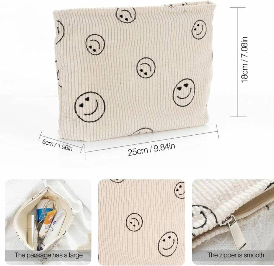 Wudimeitt Preppy Corduroy Cosmetic Bag for Women - Cute Beige Makeup & Toiletry Travel Essentials