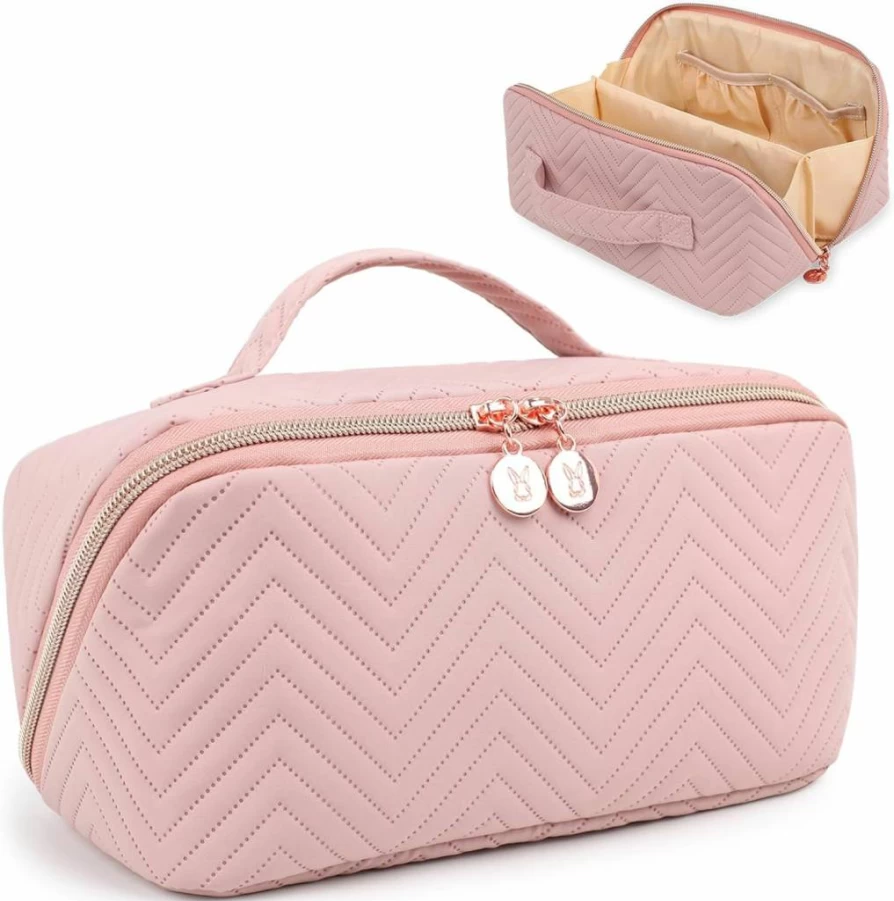 Bunnychill Large Water-Resistant Makeup Travel Bag with Portable Pouch, Open Flat Toiletry Organizer for Women, Beige Cosmetic Carry Case with Handle