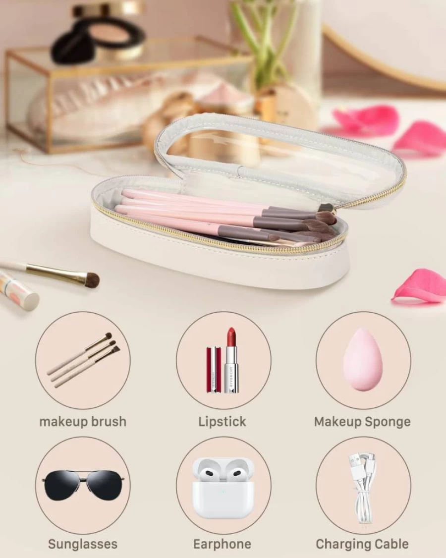 Soimeat Leather Makeup Brush Holder - Waterproof Travel Cosmetic Bag with Clear Transparent Storage for Toiletries & Brushes, Portable Black Case