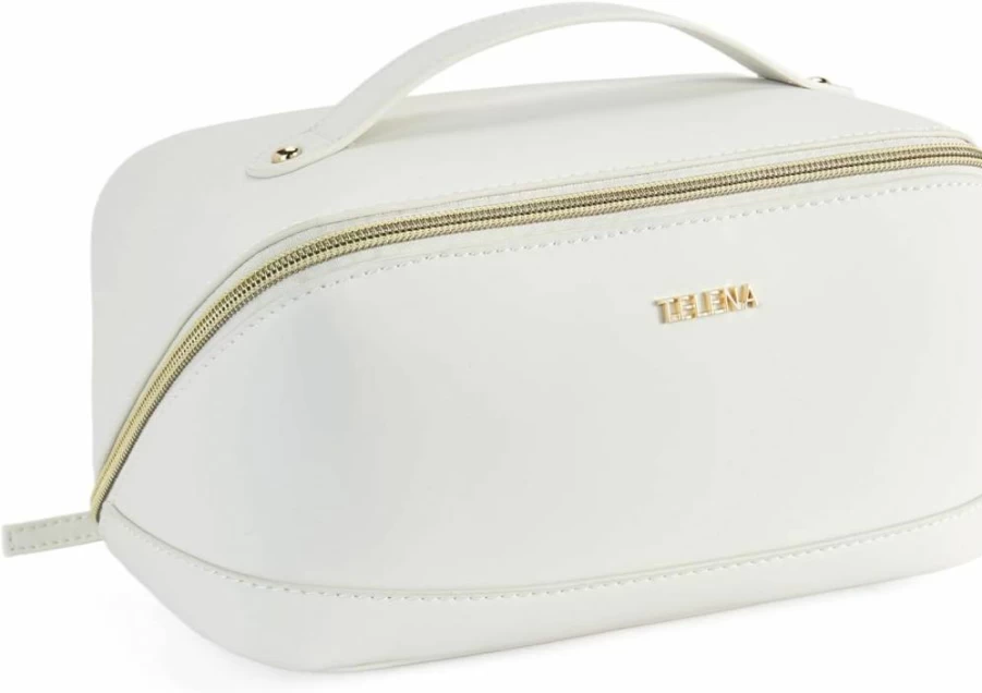 Telena Large Capacity Waterproof Makeup Bag Travel Cosmetic Organizer with Handle & Divider - Portable PU Leather Toiletry Bag for Women, Beige & Brown