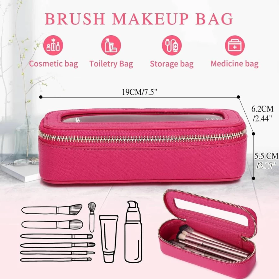 Pinkmik Slim Clear Makeup Brush Bag - Transparent Travel Cosmetic Case with Zipper, White Toiletry Organizer for Women Beauty Essentials