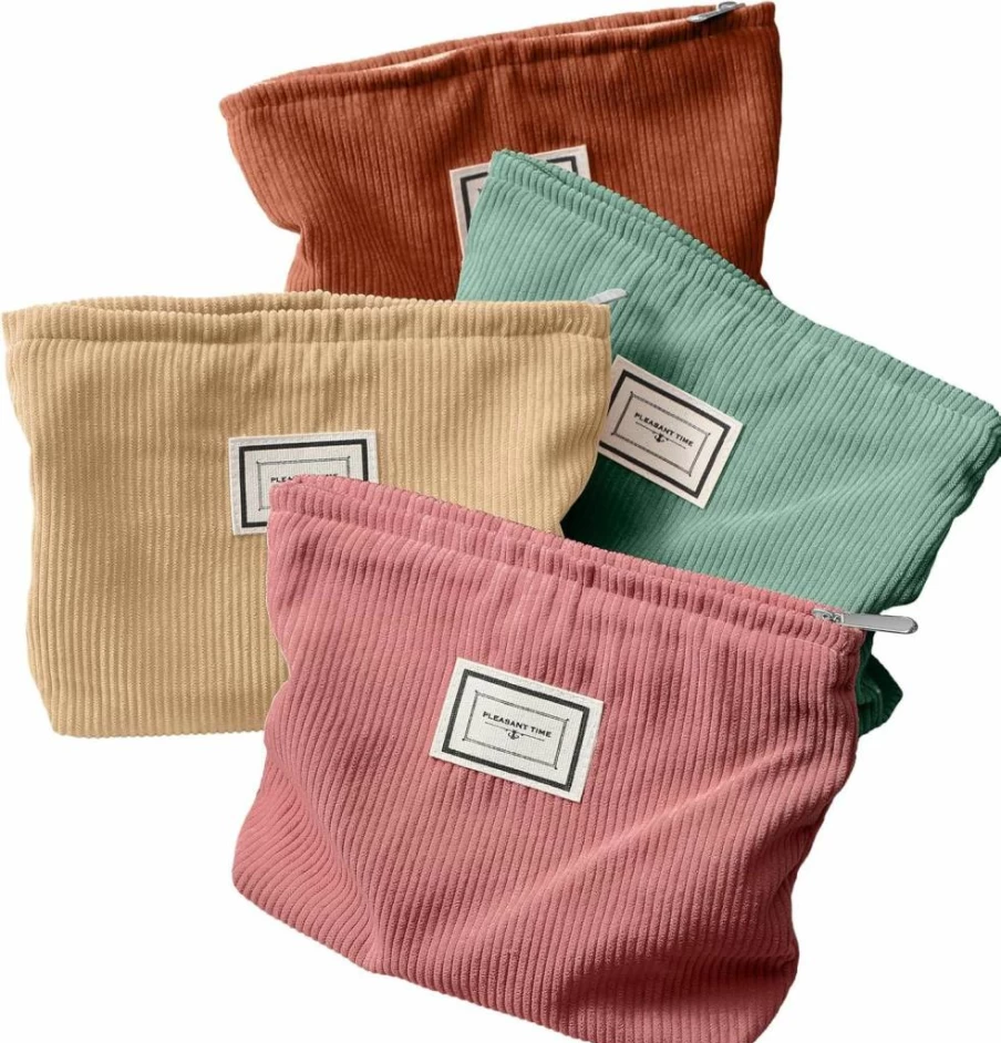 Sanwuta 4 Pack Velvet Cosmetic Bags for Women - Large Travel Toiletry Organizer with Zipper, Retro Plaid Corduroy Makeup Pouch Set