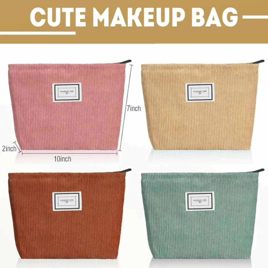 Sanwuta 4 Pack Velvet Cosmetic Bags for Women - Large Travel Toiletry Organizer with Zipper, Retro Plaid Corduroy Makeup Pouch Set