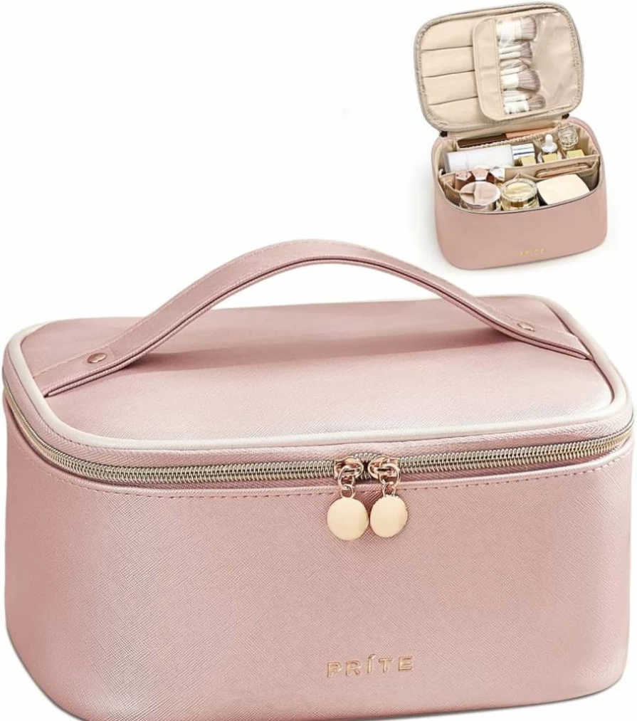 Prite Large Waterproof Makeup Bag for Women - Travel Cosmetic Organizer with Handle & Dividers, Portable Black Toiletry Case