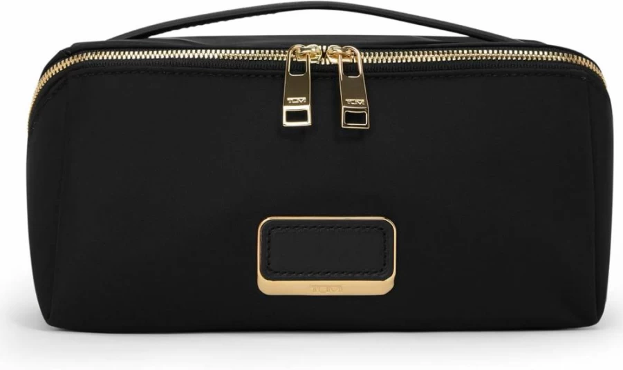 TUMI Voyageur Dallas Cosmetic Bag - Black with Gold Hardware Travel Makeup Organizer, Lay-Flat Packable Toiletry Bag for Women & Men