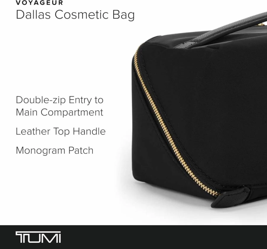 TUMI Voyageur Dallas Cosmetic Bag - Black with Gold Hardware Travel Makeup Organizer, Lay-Flat Packable Toiletry Bag for Women & Men