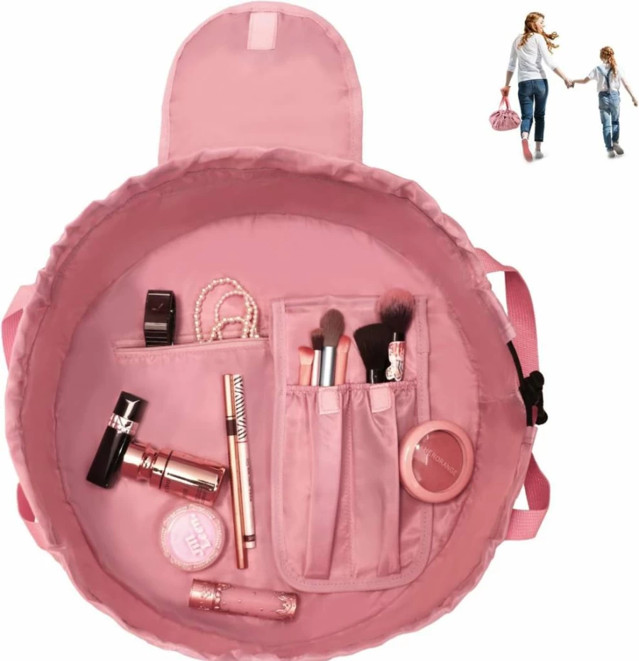 SUMBABO Pink Drawstring Makeup Bag with Brush Holder - Travel Cosmetic Organizer for Women, Portable Toiletry Pouch for Essentials
