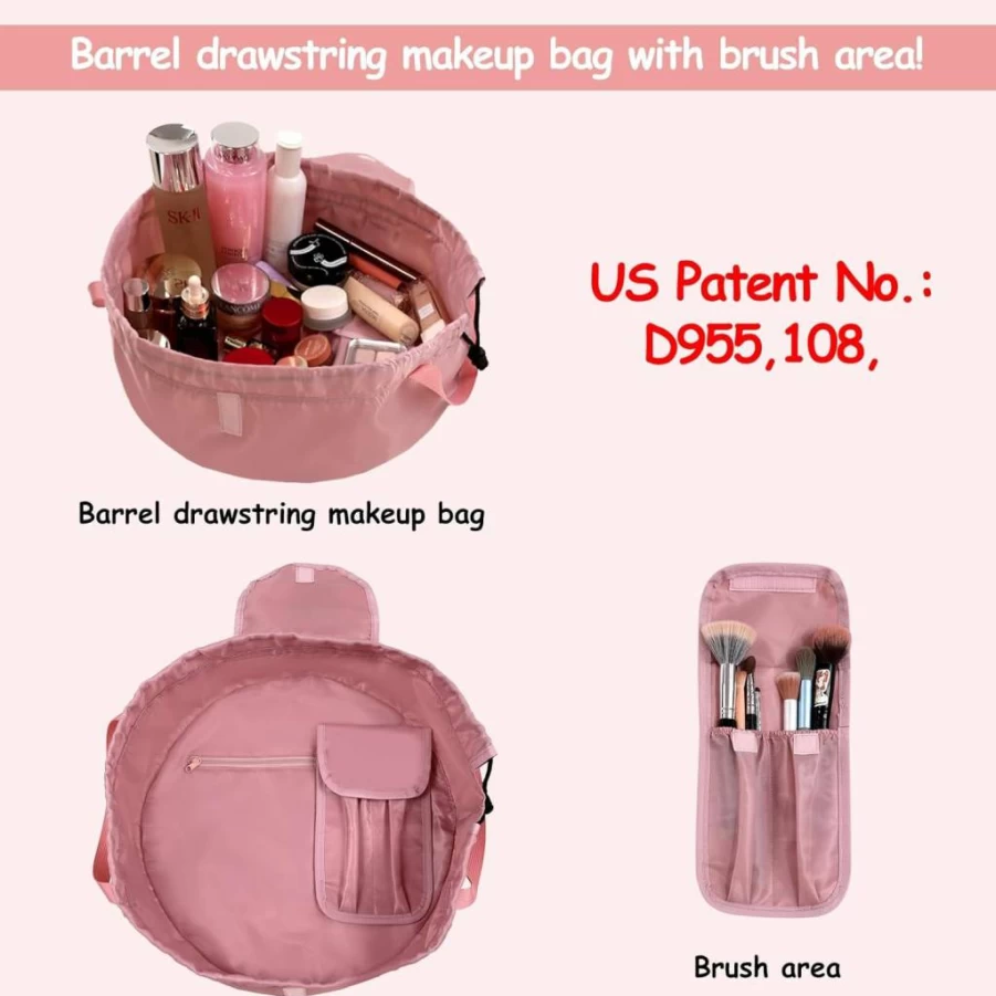 SUMBABO Pink Drawstring Makeup Bag with Brush Holder - Travel Cosmetic Organizer for Women, Portable Toiletry Pouch for Essentials