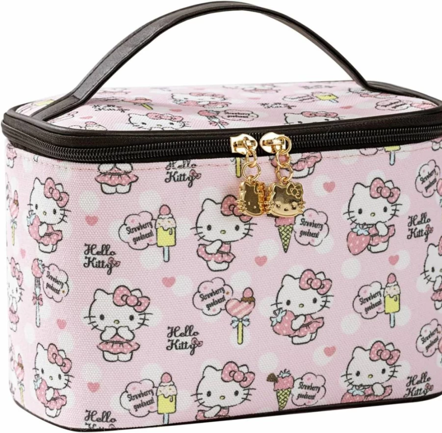 AmBealla Large Waterproof Makeup Bag with Brush Holder - Cute Printed Travel Cosmetic Organizer for Women, Portable Toiletry Pouch for Girls