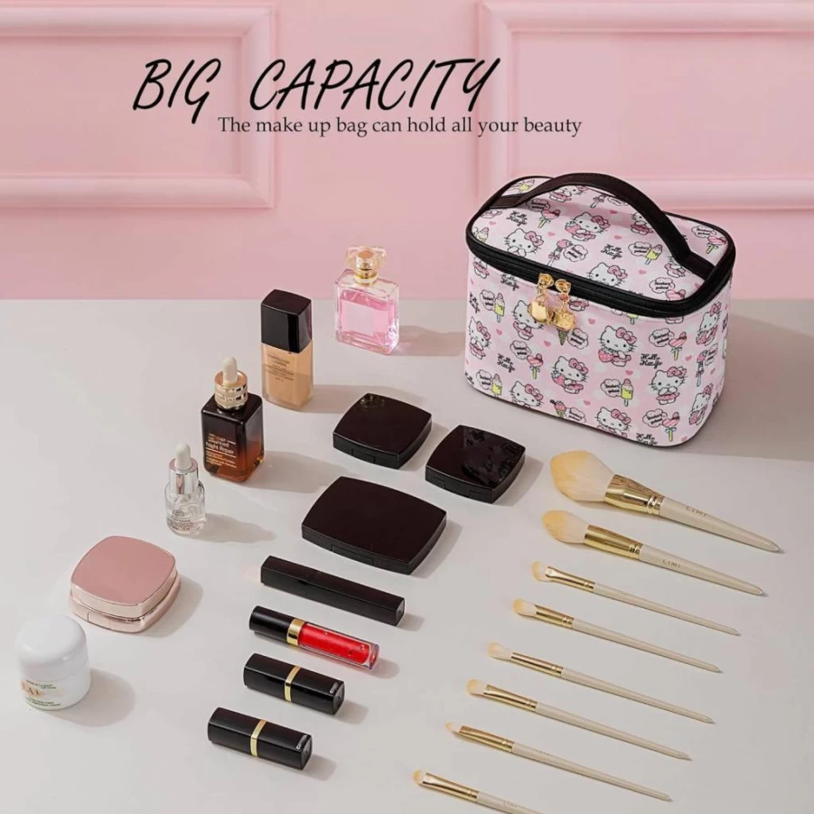 AmBealla Large Waterproof Makeup Bag with Brush Holder - Cute Printed Travel Cosmetic Organizer for Women, Portable Toiletry Pouch for Girls