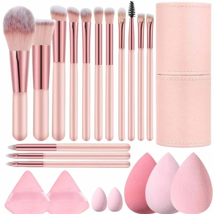 Auroray 14-Piece Travel Makeup Brush Set with Case & 5 Sponges - Pink Portable Makeup Brushes for Foundation, Powder, Concealer, Eyeshadow - Valentine's Day & Mother's Day Gift