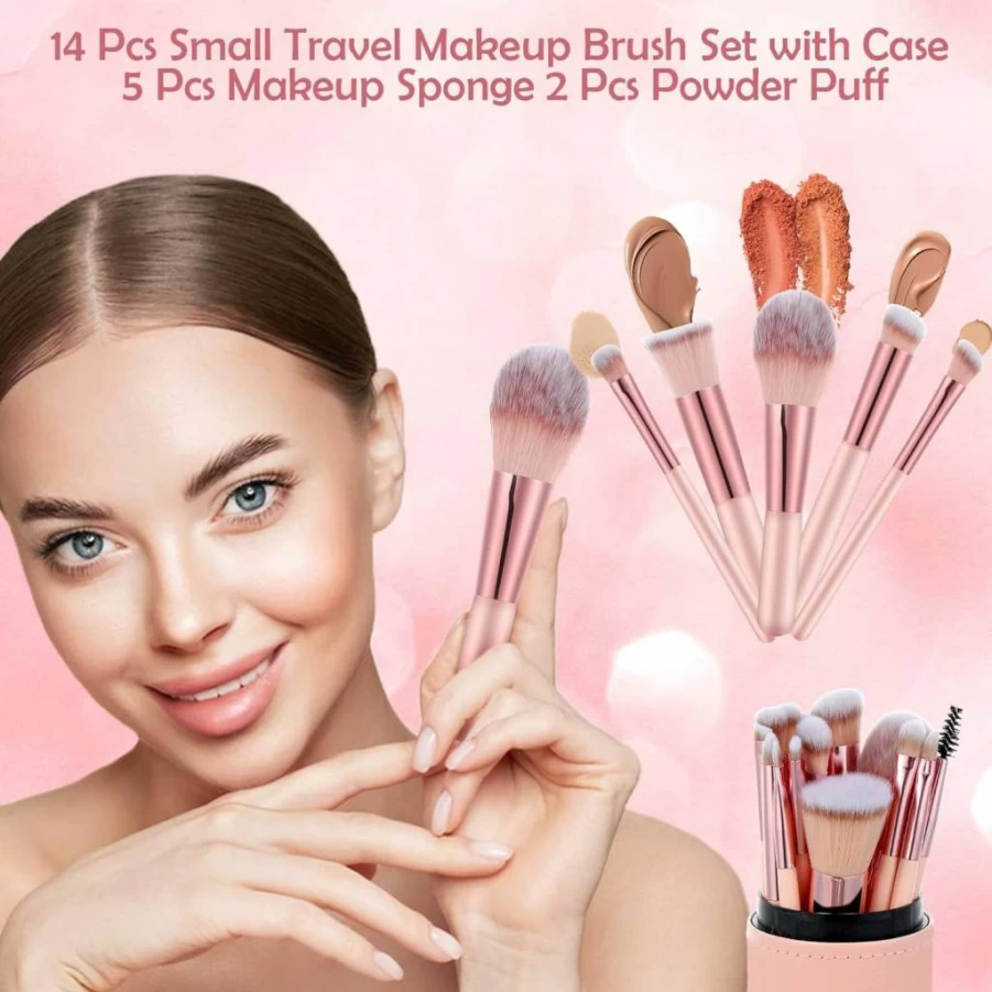 Auroray 14-Piece Travel Makeup Brush Set with Case & 5 Sponges - Pink Portable Makeup Brushes for Foundation, Powder, Concealer, Eyeshadow - Valentine's Day & Mother's Day Gift