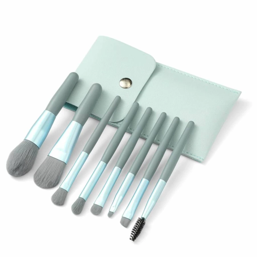 Liasun 8Pcs Travel Makeup Brush Set - Mini Premium Synthetic Fiber Brushes for Foundation, Blush, Concealer, Eyeshadow & Lips with Light Cyan Storage Bag