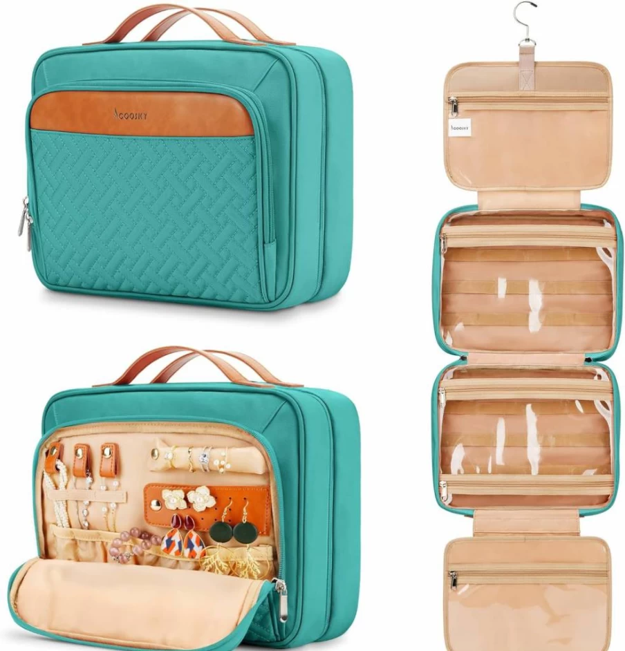 COOSKY Extra Large Waterproof Hanging Toiletry Bag for Women - Travel Cosmetic Organizer with Jewelry Compartment & Trolley Strap, Cruise Essentials, Blue Makeup Dopp Kit