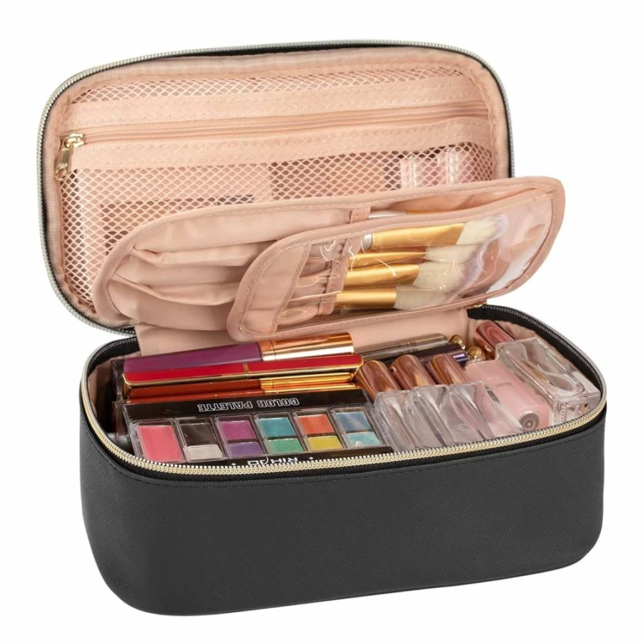 OCHEAL Black Travel Makeup Bag for Women - Portable Cosmetic Pouch & Brush Organizer, Cute Small Toiletry Bag