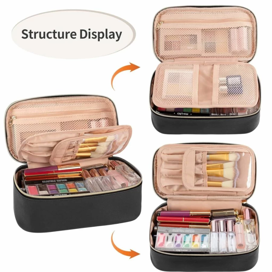 OCHEAL Black Travel Makeup Bag for Women - Portable Cosmetic Pouch & Brush Organizer, Cute Small Toiletry Bag