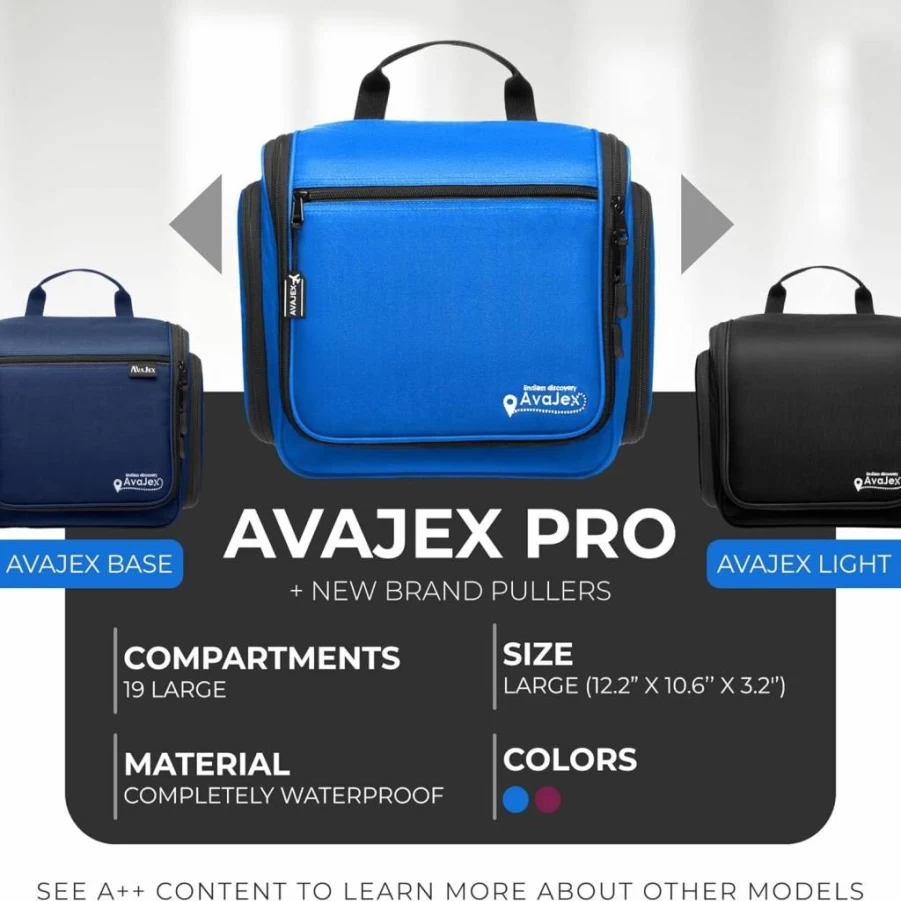 AvaJex Large Waterproof Hanging Toiletry Bag for Travel - 19 Compartments with YKK Zippers & Metal Hook for Men & Women, Makeup, Cosmetics Organizer