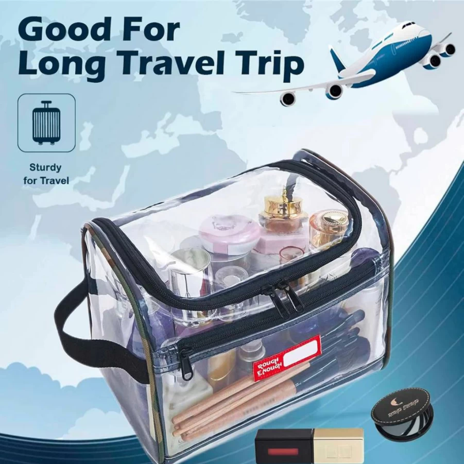 RE ROUGH ENOUGH Large Clear Travel Toiletry Bag for Women - Waterproof Cosmetic Organizer with Zipper, Makeup Pouch for Airport Essentials & Medicine Storage
