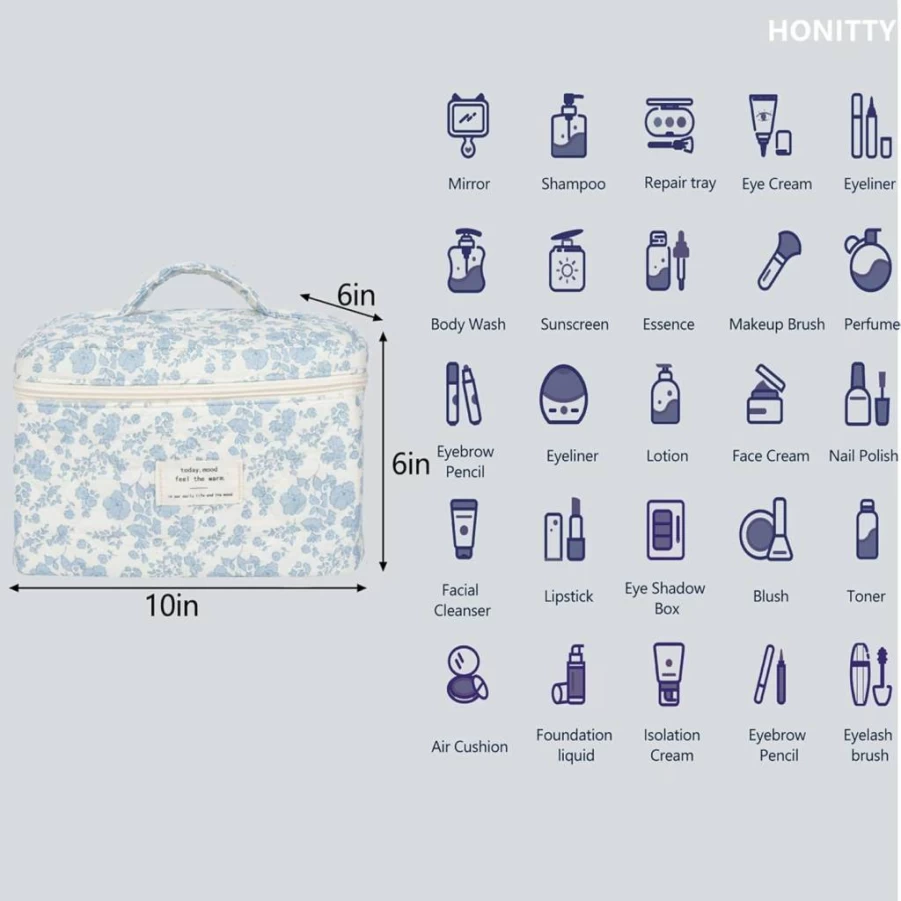 Honitty Large Floral Quilted Makeup Bag for Women - Cotton Cosmetic Travel Toiletry Bag Set with Flower Design