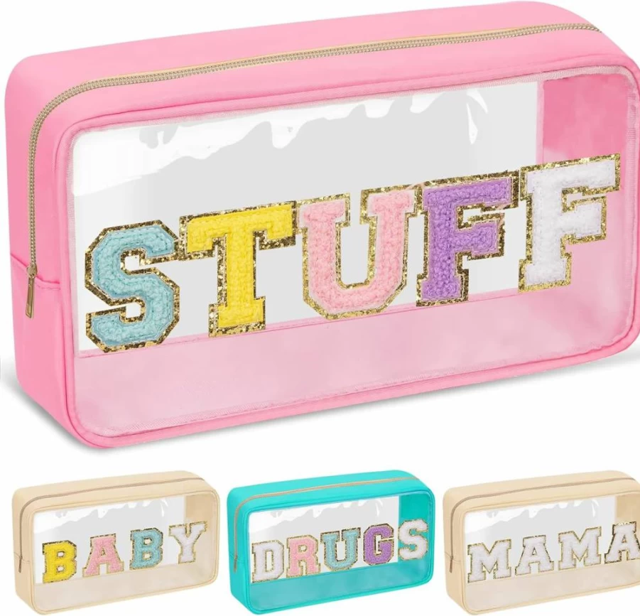izuzta Transparent Waterproof Makeup Bag for Women - Chenille Letter Design, Portable PVC & Nylon Travel Cosmetic Pouch with Zipper, Preppy Patch Toiletry Storage (Mama-Beige)