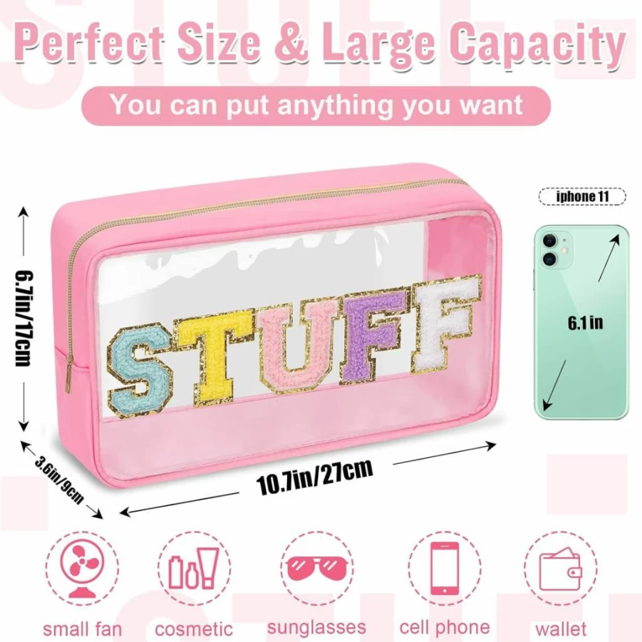 izuzta Transparent Waterproof Makeup Bag for Women - Chenille Letter Design, Portable PVC & Nylon Travel Cosmetic Pouch with Zipper, Preppy Patch Toiletry Storage (Mama-Beige)