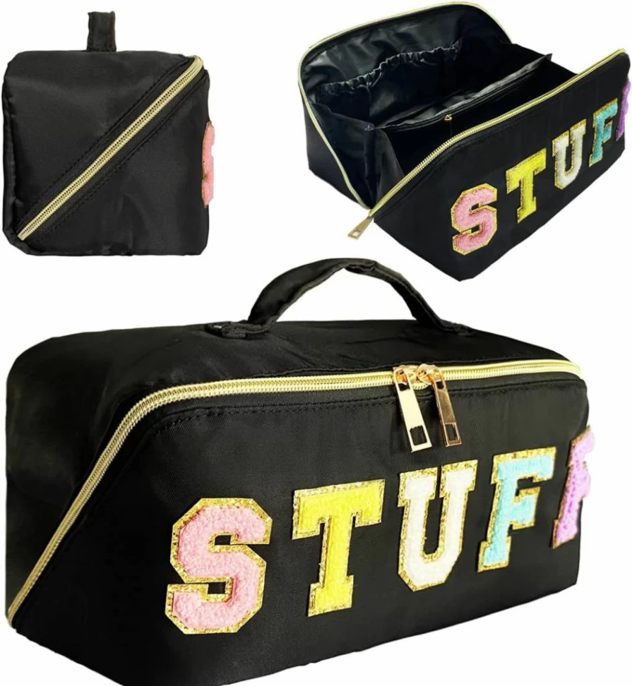 STOMKIRE Preppy Makeup Bag - Rose Red Nylon Cosmetic Pouch with Chenille Letter, Stylish Travel Organizer for Toiletries & Essentials