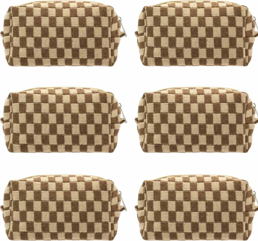 PAZIMIIK Blue Checkered Makeup Pouch - Portable Travel Cosmetic Bag with Zipper for Purse & Accessories