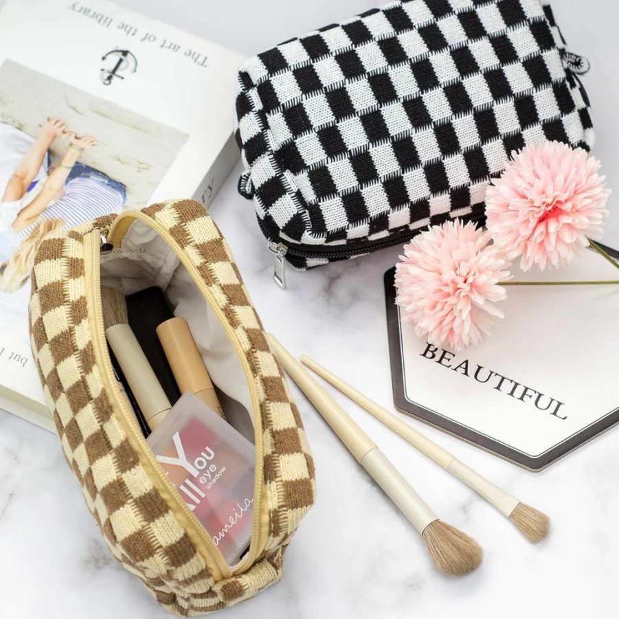 PAZIMIIK Blue Checkered Makeup Pouch - Portable Travel Cosmetic Bag with Zipper for Purse & Accessories