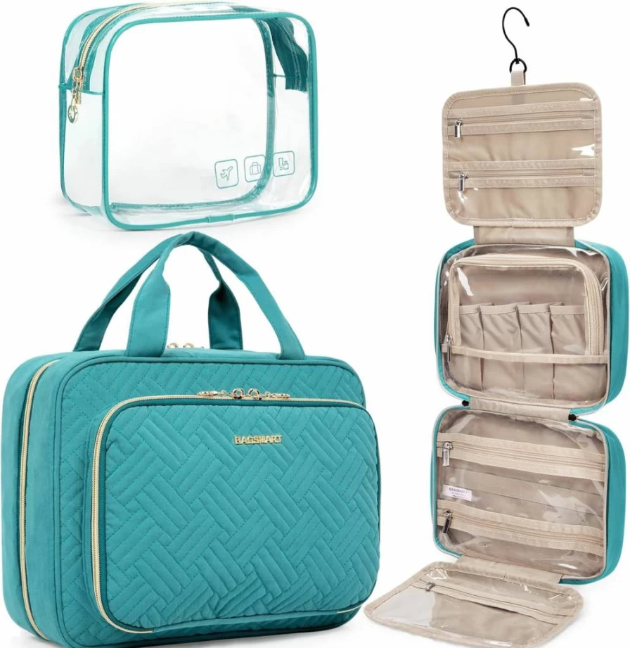BAGSMART Hanging Toiletry Bag for Travel - TSA Approved Transparent Makeup Organizer with Full-Sized Toiletry Storage, Medium Black Cosmetic Bag
